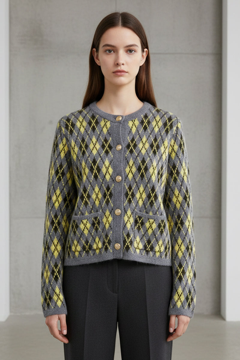 Alma | Argyle Knit Button-Front Cardigan