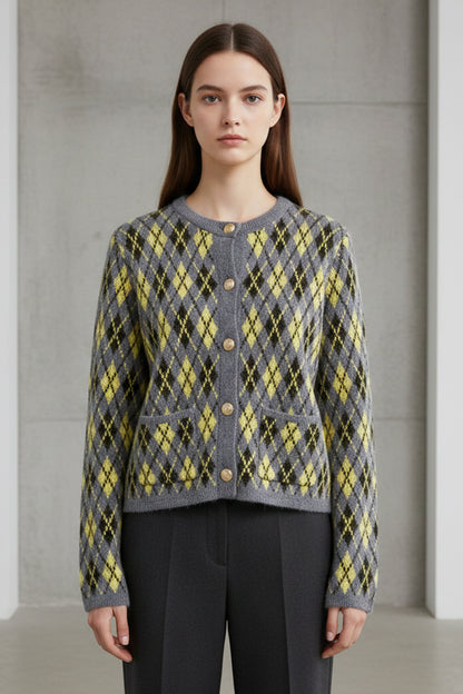 Alma | Argyle Knit Button-Front Cardigan