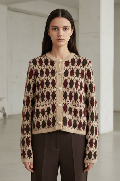 Alma | Argyle Knit Button-Front Cardigan