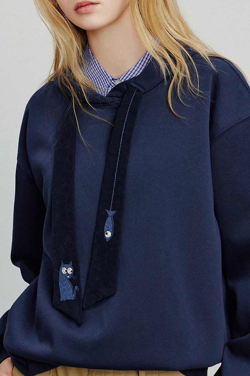 Youri | Cat & fish Embroidery Tie Pullover