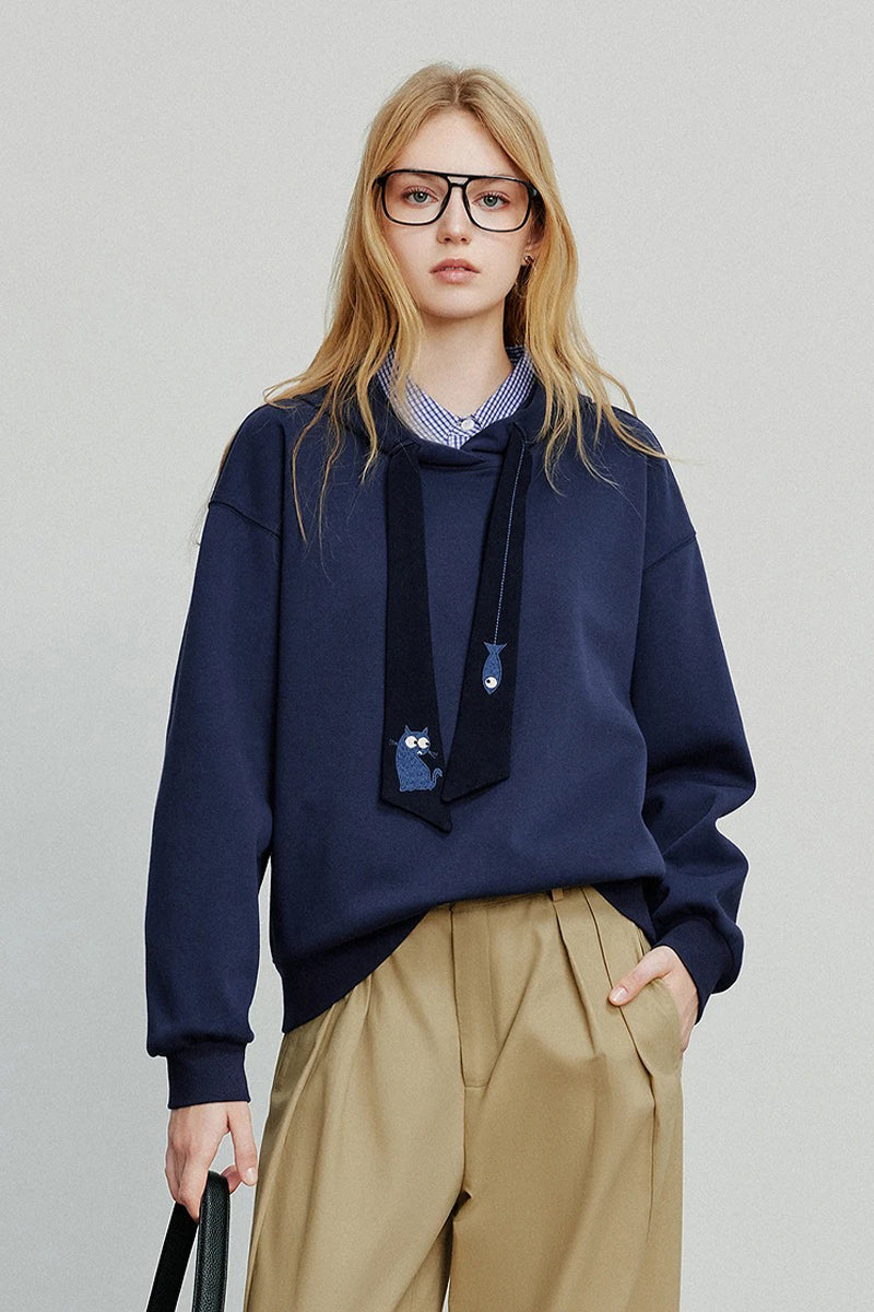 Youri | Cat & fish Embroidery Tie Pullover