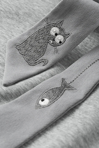 Youri | Cat & fish Embroidery Tie Pullover