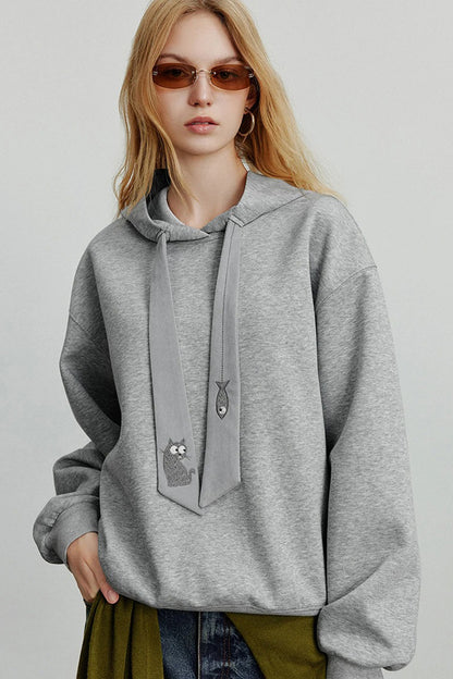 Youri | Cat & fish Embroidery Tie Pullover