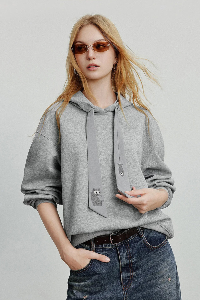 Youri | Cat & fish Embroidery Tie Pullover