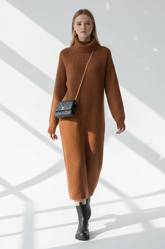 Laura - Ribbed Knit High Neck Midi Dress