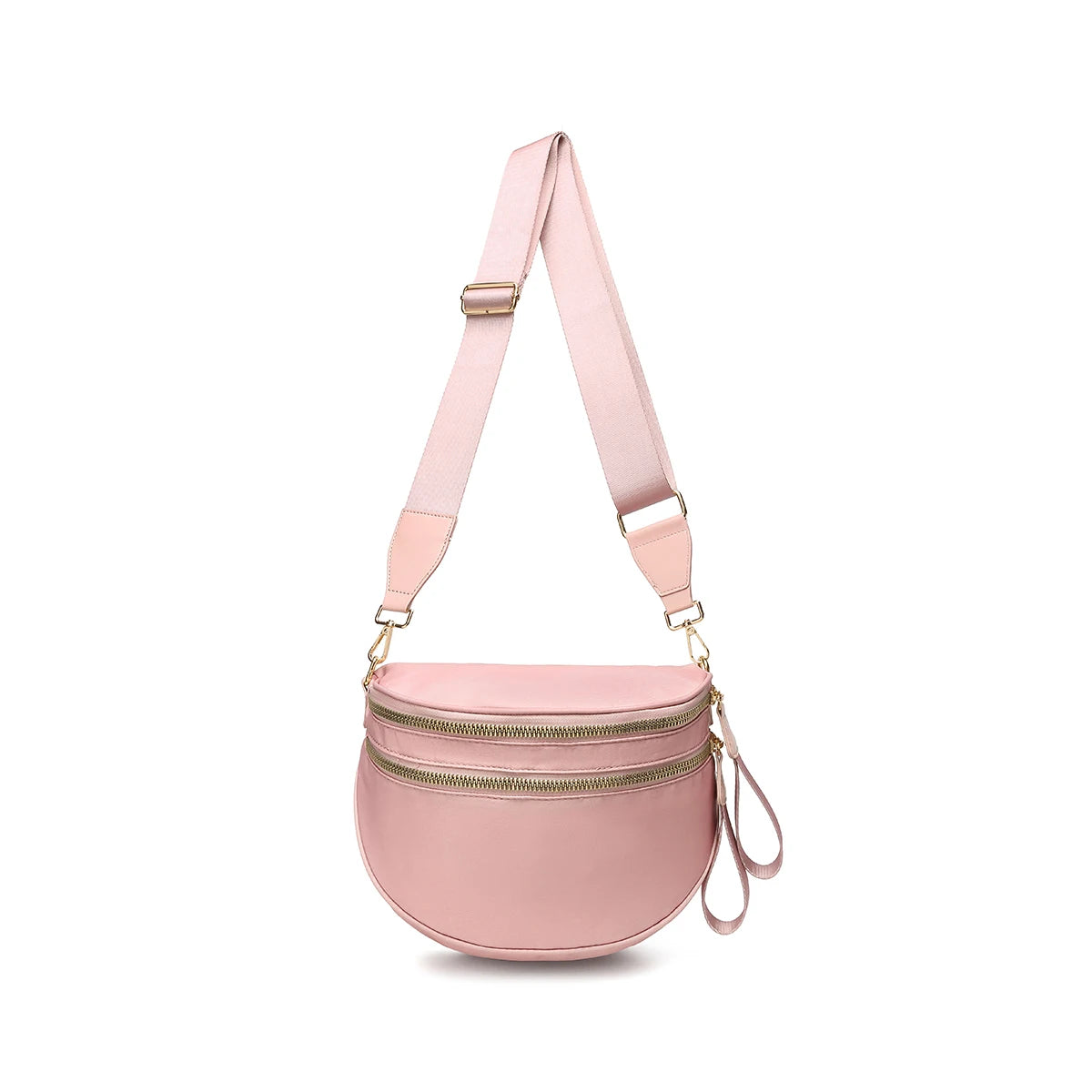 Trendy checkerboard double zipper crossbody bag, lightweight waterproof fabric+premium gold buckle embellishment, double-layer