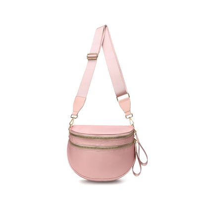 Trendy checkerboard double zipper crossbody bag, lightweight waterproof fabric+premium gold buckle embellishment, double-layer