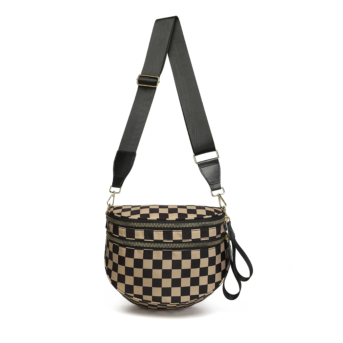 Trendy checkerboard double zipper crossbody bag, lightweight waterproof fabric+premium gold buckle embellishment, double-layer