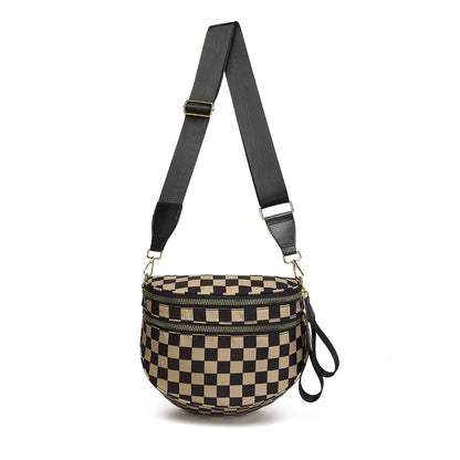 Trendy checkerboard double zipper crossbody bag, lightweight waterproof fabric+premium gold buckle embellishment, double-layer