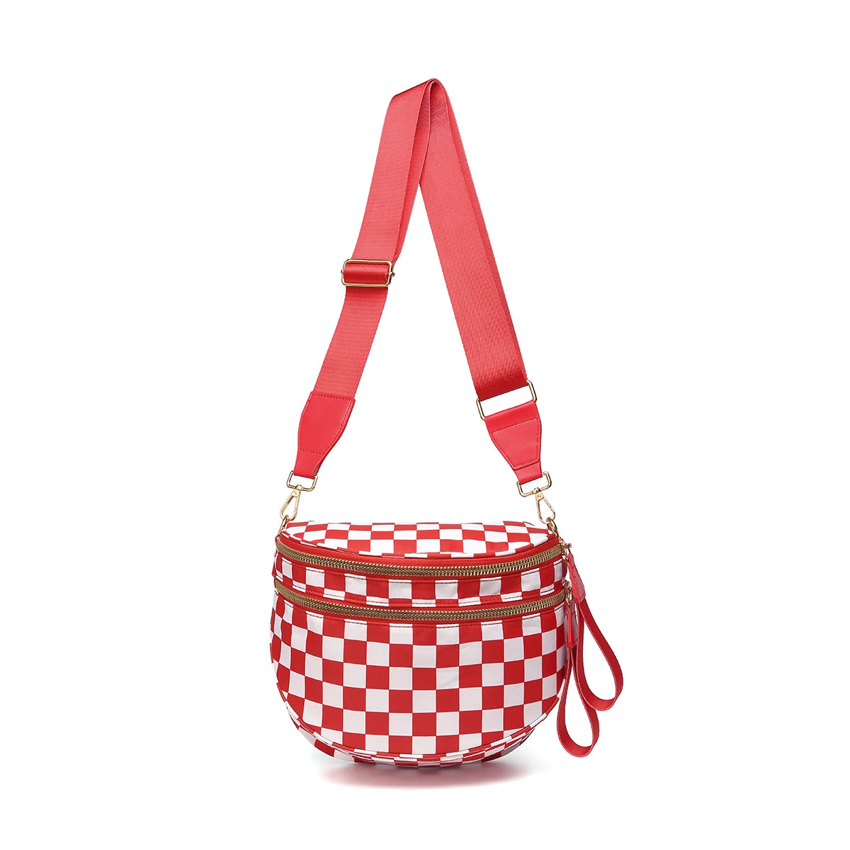 Trendy checkerboard double zipper crossbody bag, lightweight waterproof fabric+premium gold buckle embellishment, double-layer