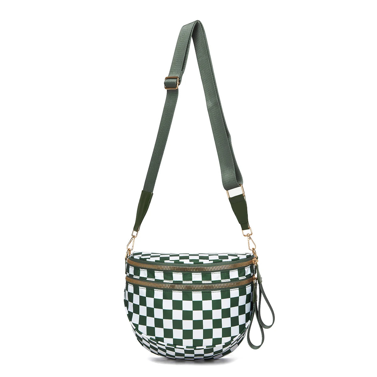 Trendy checkerboard double zipper crossbody bag, lightweight waterproof fabric+premium gold buckle embellishment, double-layer
