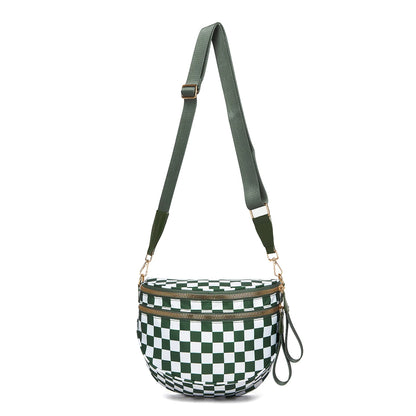 Trendy checkerboard double zipper crossbody bag, lightweight waterproof fabric+premium gold buckle embellishment, double-layer