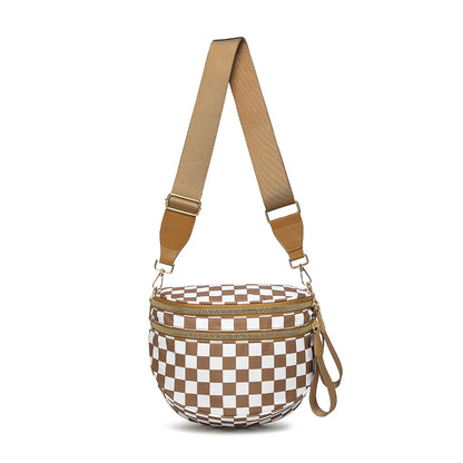 Trendy checkerboard double zipper crossbody bag, lightweight waterproof fabric+premium gold buckle embellishment, double-layer