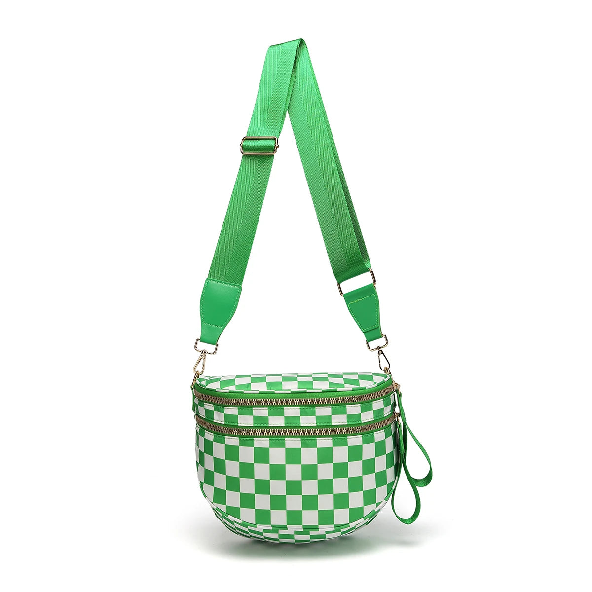 Trendy checkerboard double zipper crossbody bag, lightweight waterproof fabric+premium gold buckle embellishment, double-layer