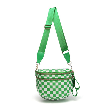 Trendy checkerboard double zipper crossbody bag, lightweight waterproof fabric+premium gold buckle embellishment, double-layer