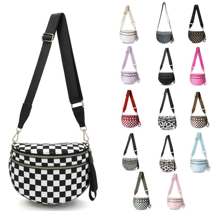 Trendy checkerboard double zipper crossbody bag, lightweight waterproof fabric+premium gold buckle embellishment, double-layer
