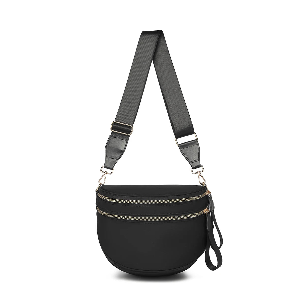 Trendy checkerboard double zipper crossbody bag, lightweight waterproof fabric+premium gold buckle embellishment, double-layer