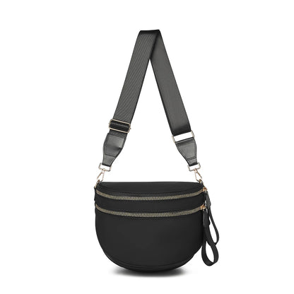 Trendy checkerboard double zipper crossbody bag, lightweight waterproof fabric+premium gold buckle embellishment, double-layer