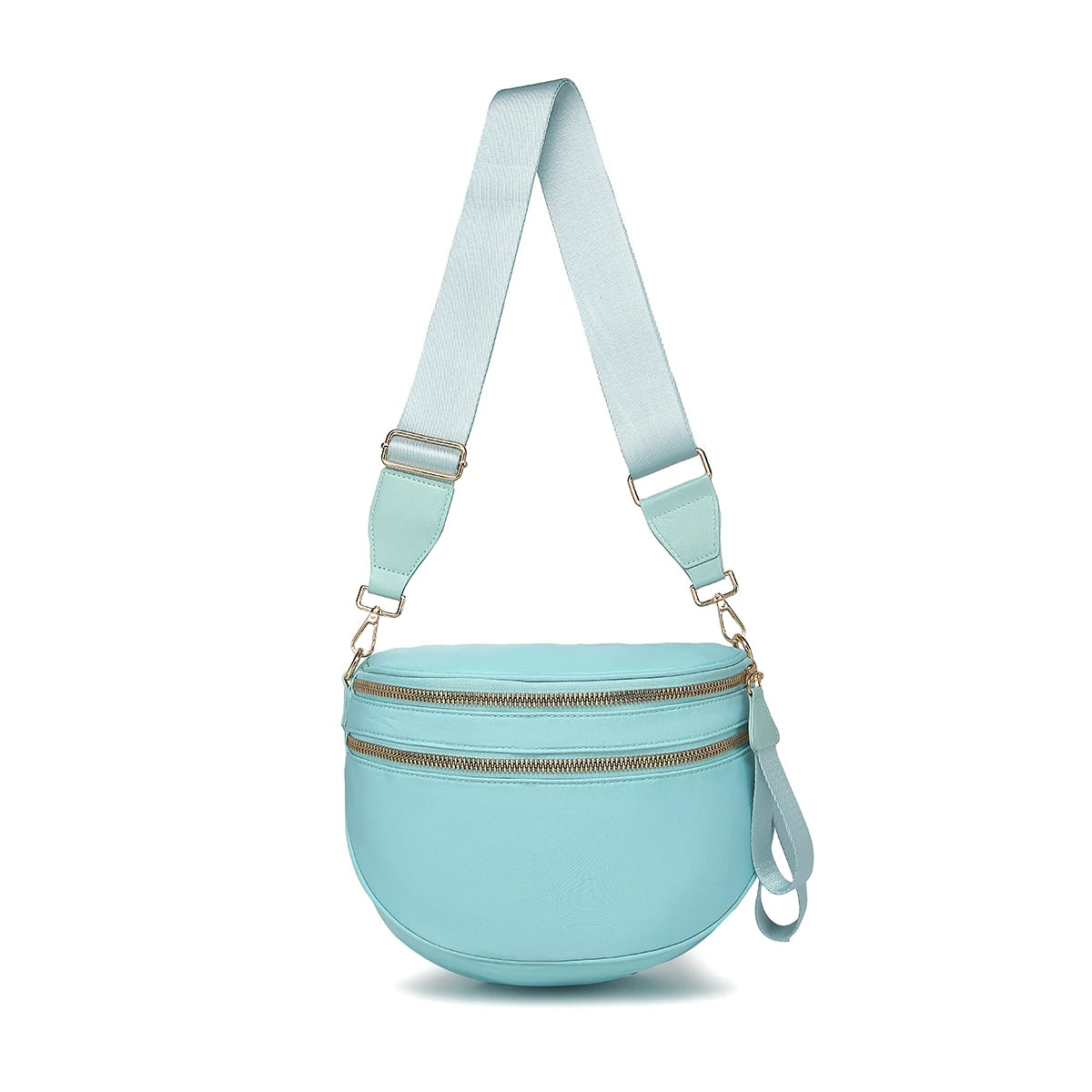 Trendy checkerboard double zipper crossbody bag, lightweight waterproof fabric+premium gold buckle embellishment, double-layer