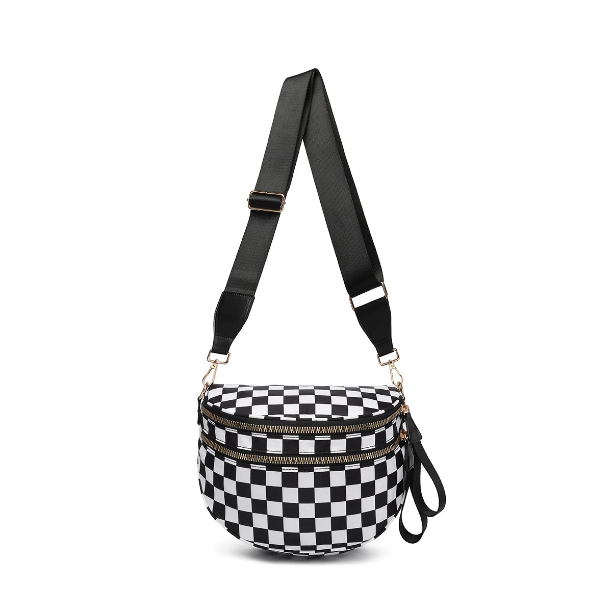 Trendy checkerboard double zipper crossbody bag, lightweight waterproof fabric+premium gold buckle embellishment, double-layer