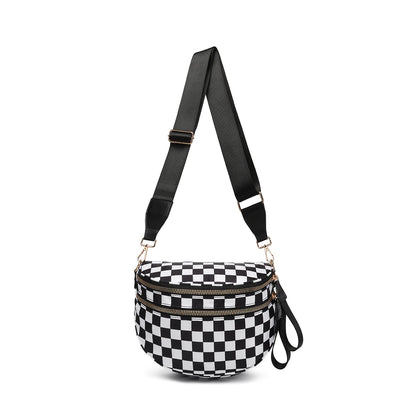 Trendy checkerboard double zipper crossbody bag, lightweight waterproof fabric+premium gold buckle embellishment, double-layer