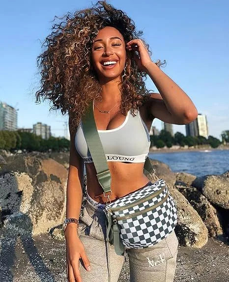 Trendy checkerboard double zipper crossbody bag, lightweight waterproof fabric+premium gold buckle embellishment, double-layer