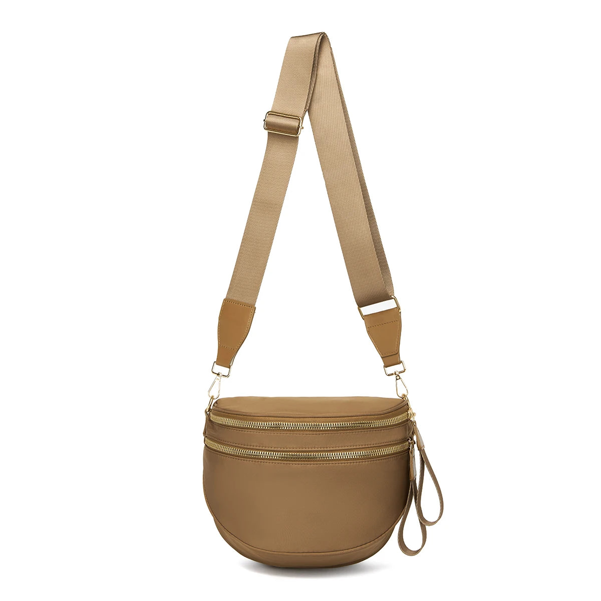 Trendy checkerboard double zipper crossbody bag, lightweight waterproof fabric+premium gold buckle embellishment, double-layer