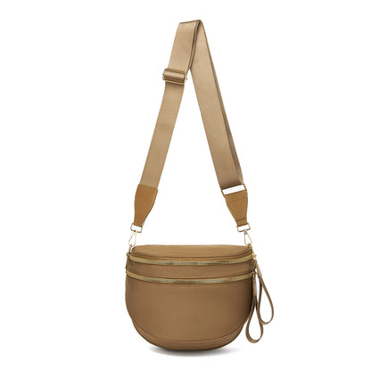 Trendy checkerboard double zipper crossbody bag, lightweight waterproof fabric+premium gold buckle embellishment, double-layer