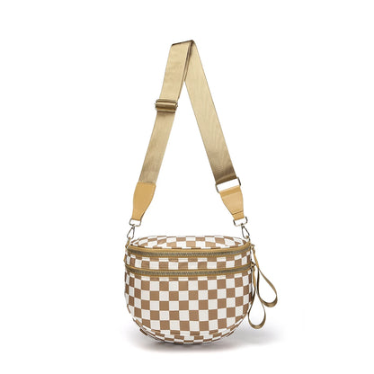 Trendy checkerboard double zipper crossbody bag, lightweight waterproof fabric+premium gold buckle embellishment, double-layer