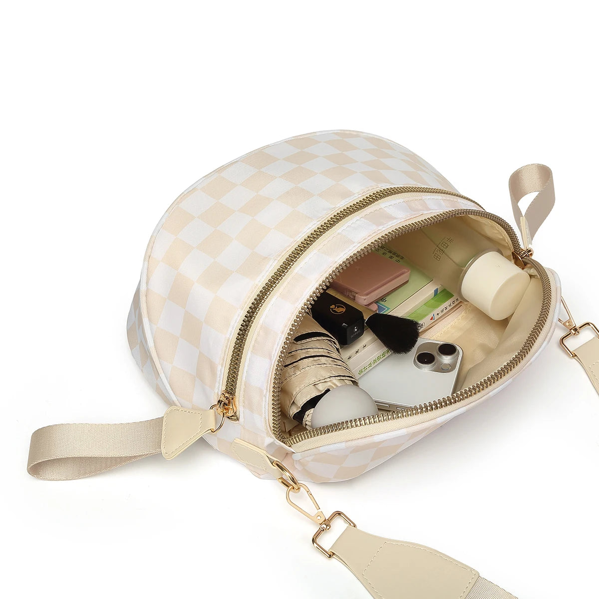 Trendy checkerboard double zipper crossbody bag, lightweight waterproof fabric+premium gold buckle embellishment, double-layer