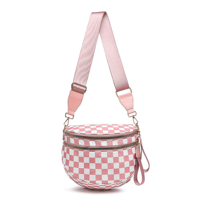 Trendy checkerboard double zipper crossbody bag, lightweight waterproof fabric+premium gold buckle embellishment, double-layer