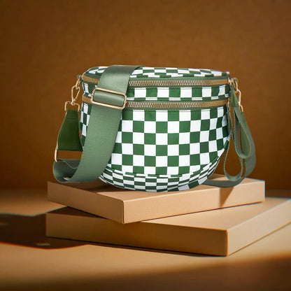 Trendy checkerboard double zipper crossbody bag, lightweight waterproof fabric+premium gold buckle embellishment, double-layer