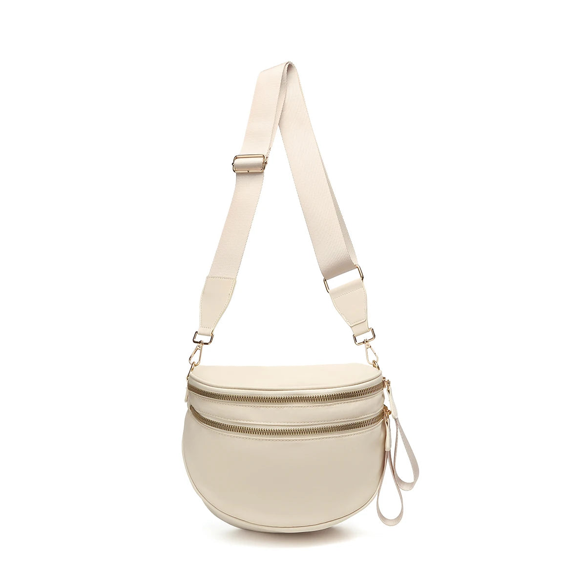 Trendy checkerboard double zipper crossbody bag, lightweight waterproof fabric+premium gold buckle embellishment, double-layer