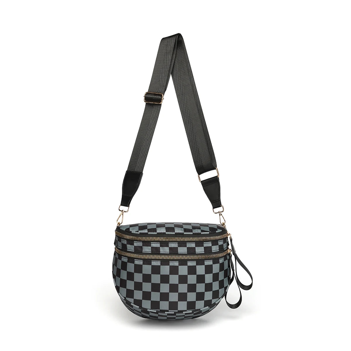 Trendy checkerboard double zipper crossbody bag, lightweight waterproof fabric+premium gold buckle embellishment, double-layer