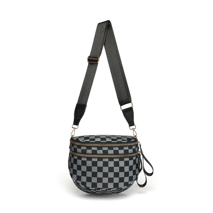 Trendy checkerboard double zipper crossbody bag, lightweight waterproof fabric+premium gold buckle embellishment, double-layer