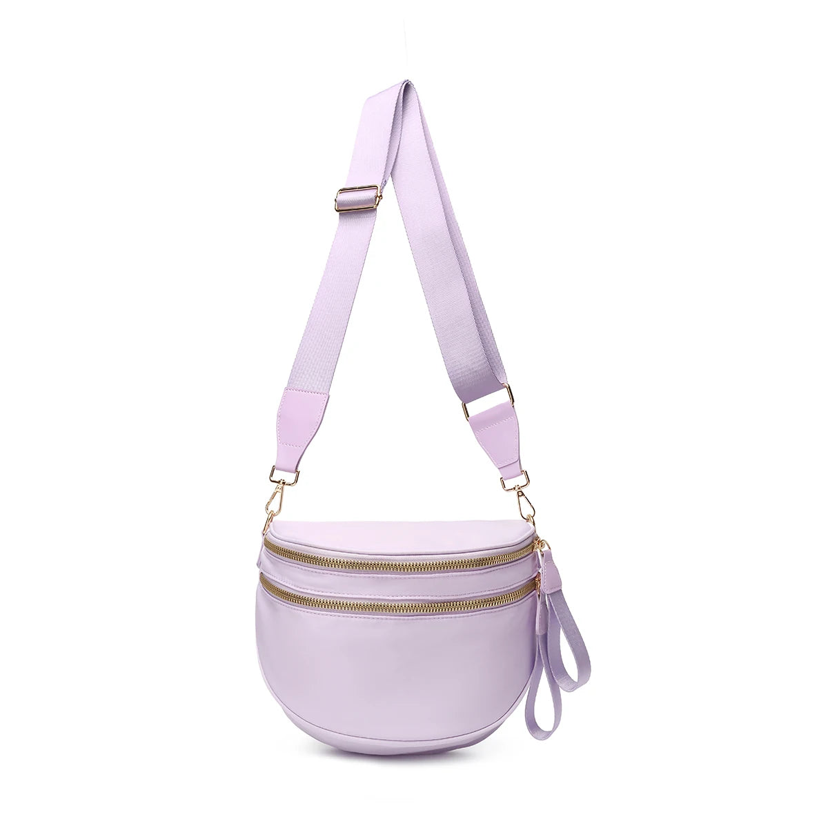 Trendy checkerboard double zipper crossbody bag, lightweight waterproof fabric+premium gold buckle embellishment, double-layer