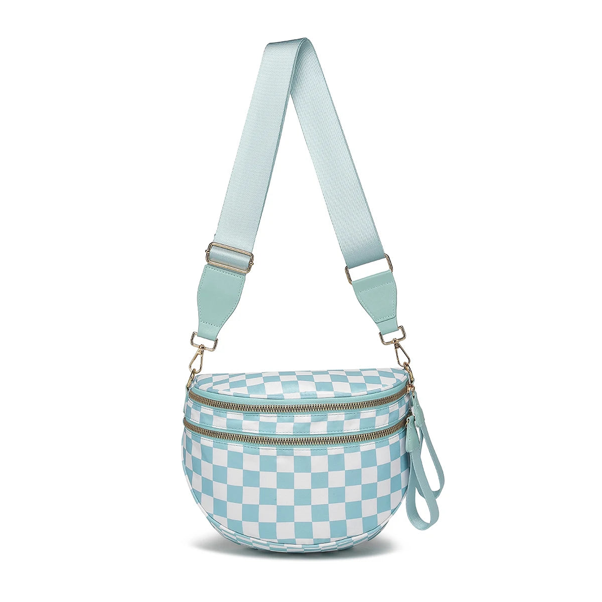 Trendy checkerboard double zipper crossbody bag, lightweight waterproof fabric+premium gold buckle embellishment, double-layer