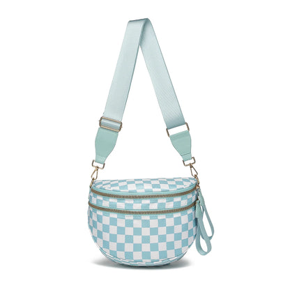 Trendy checkerboard double zipper crossbody bag, lightweight waterproof fabric+premium gold buckle embellishment, double-layer