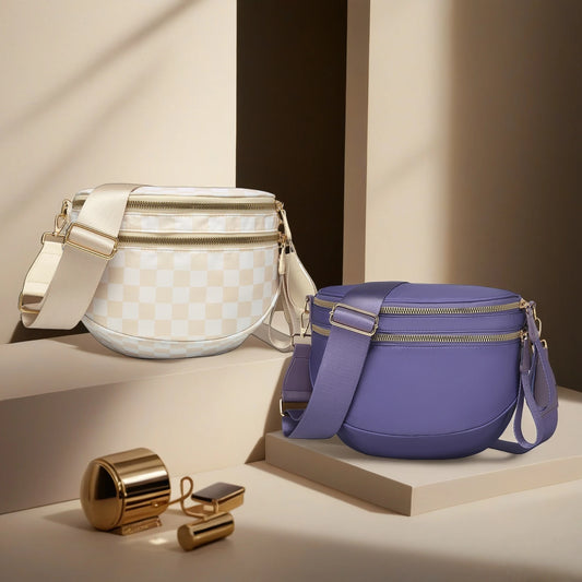 Trendy checkerboard double zipper crossbody bag, lightweight waterproof fabric+premium gold buckle embellishment, double-layer