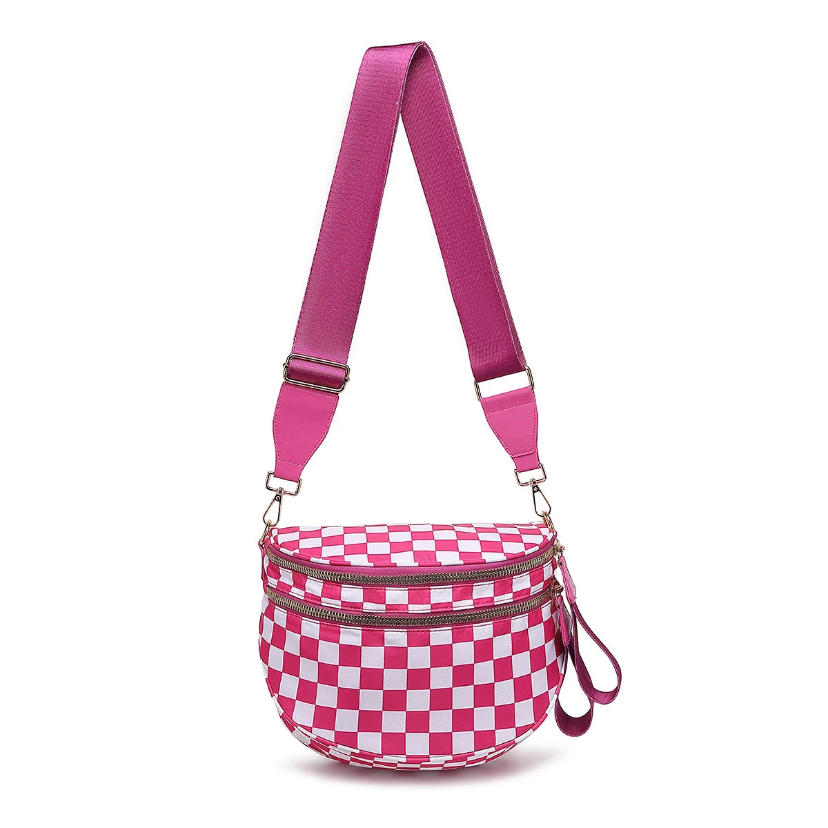 Trendy checkerboard double zipper crossbody bag, lightweight waterproof fabric+premium gold buckle embellishment, double-layer