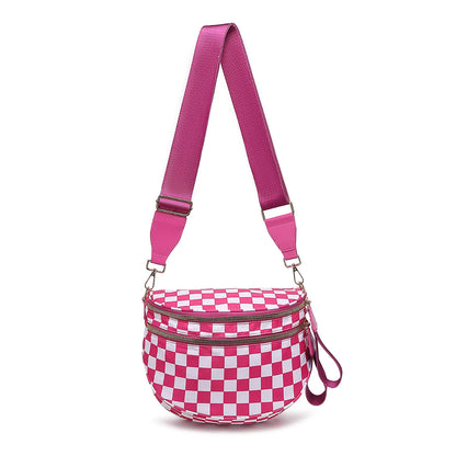 Trendy checkerboard double zipper crossbody bag, lightweight waterproof fabric+premium gold buckle embellishment, double-layer