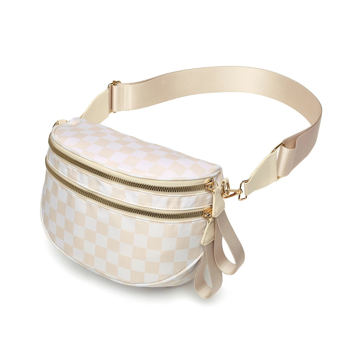 Trendy checkerboard double zipper crossbody bag, lightweight waterproof fabric+premium gold buckle embellishment, double-layer