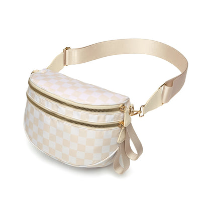 Trendy checkerboard double zipper crossbody bag, lightweight waterproof fabric+premium gold buckle embellishment, double-layer