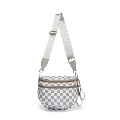 Trendy checkerboard double zipper crossbody bag, lightweight waterproof fabric+premium gold buckle embellishment, double-layer