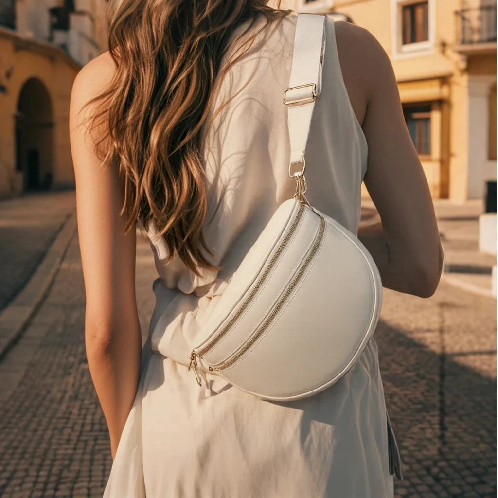 Trendy checkerboard double zipper crossbody bag, lightweight waterproof fabric+premium gold buckle embellishment, double-layer
