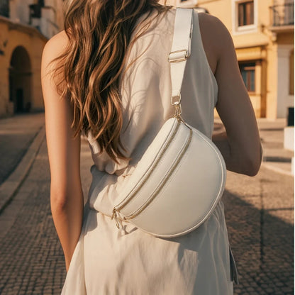 Trendy checkerboard double zipper crossbody bag, lightweight waterproof fabric+premium gold buckle embellishment, double-layer