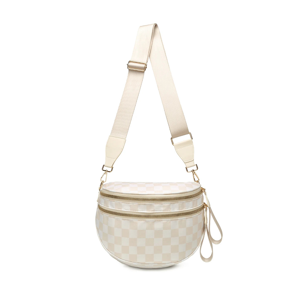 Trendy checkerboard double zipper crossbody bag, lightweight waterproof fabric+premium gold buckle embellishment, double-layer
