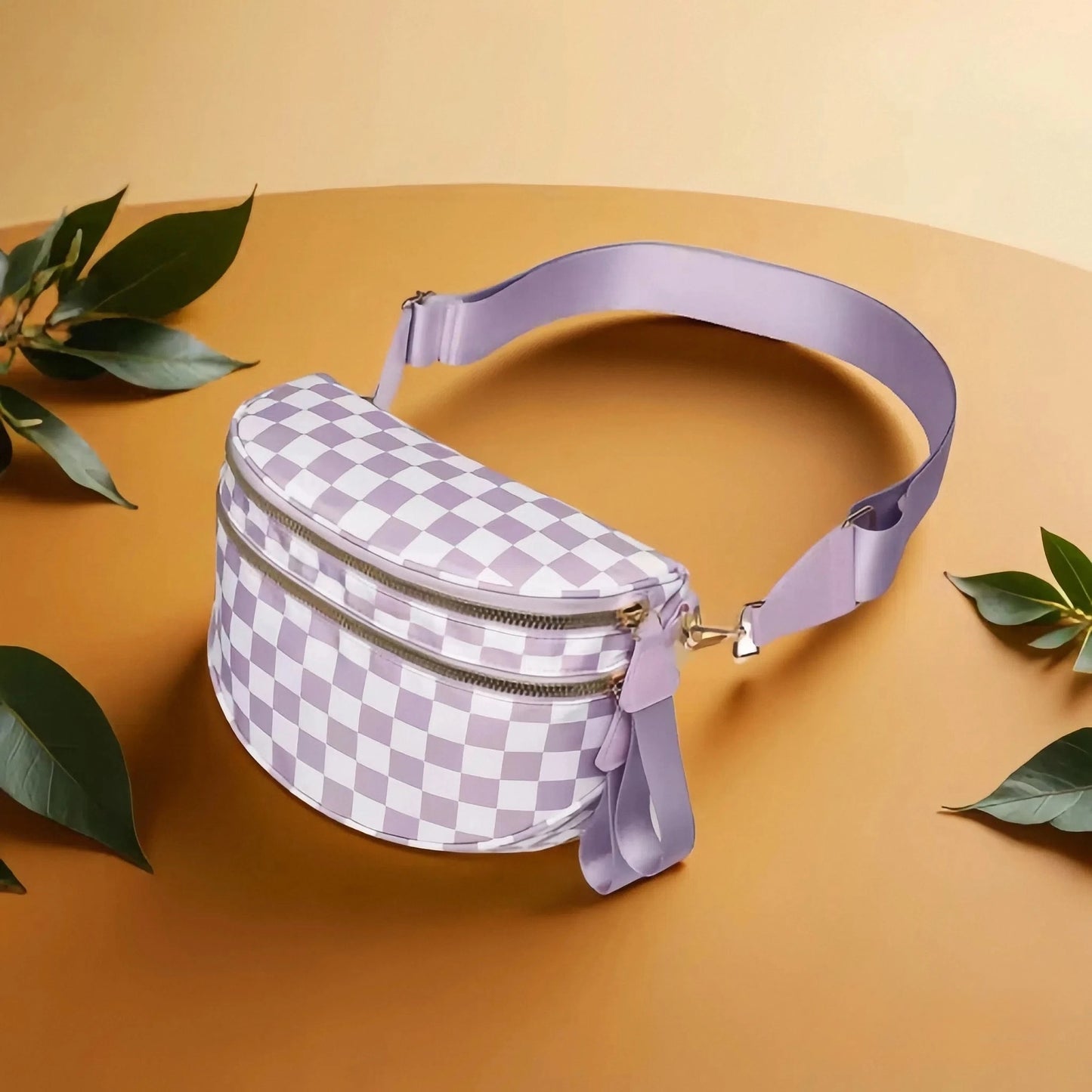Trendy checkerboard double zipper crossbody bag, lightweight waterproof fabric+premium gold buckle embellishment, double-layer