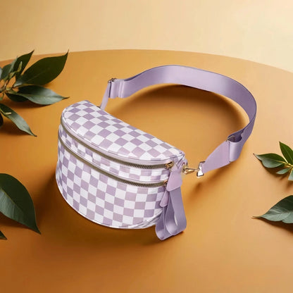 Trendy checkerboard double zipper crossbody bag, lightweight waterproof fabric+premium gold buckle embellishment, double-layer
