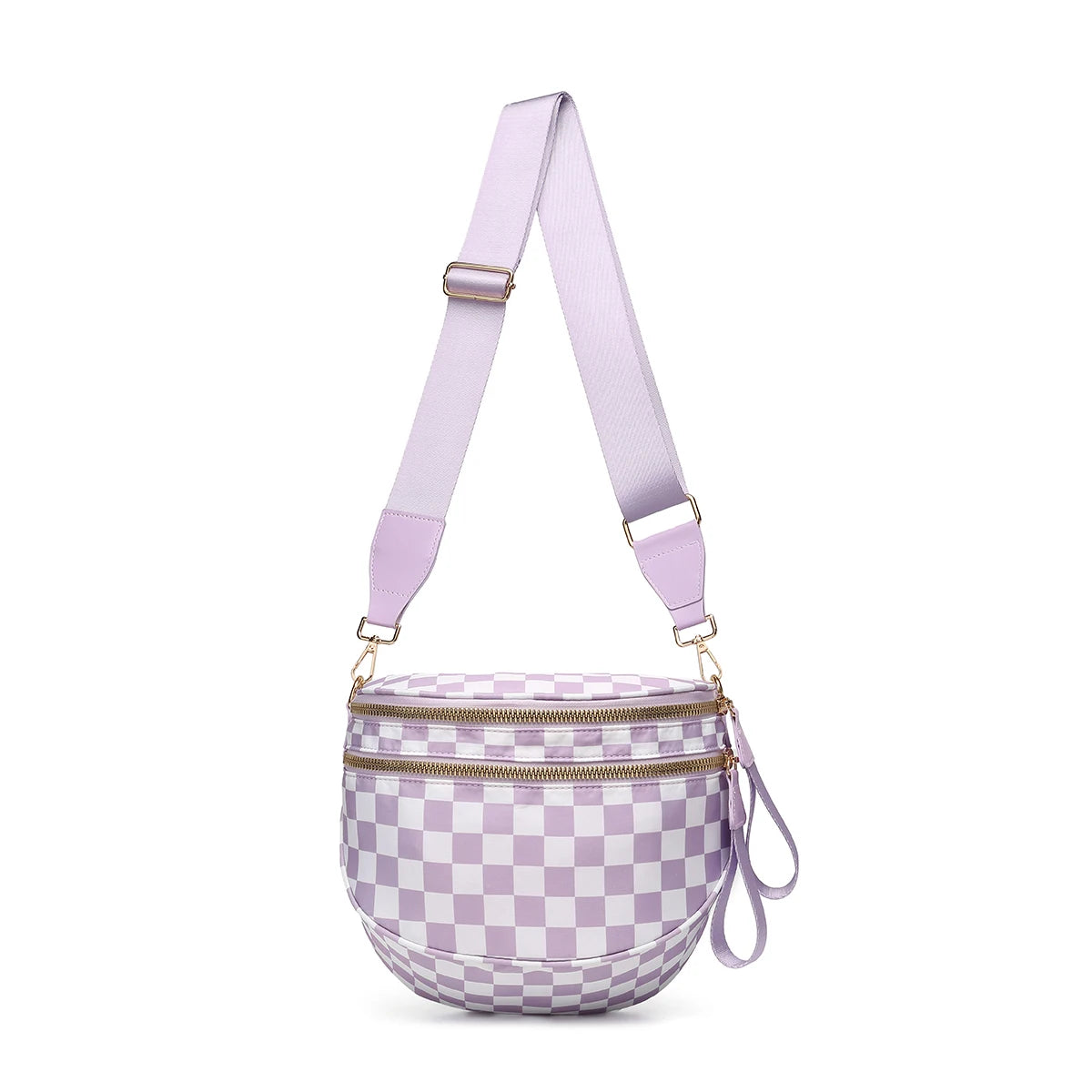 Trendy checkerboard double zipper crossbody bag, lightweight waterproof fabric+premium gold buckle embellishment, double-layer